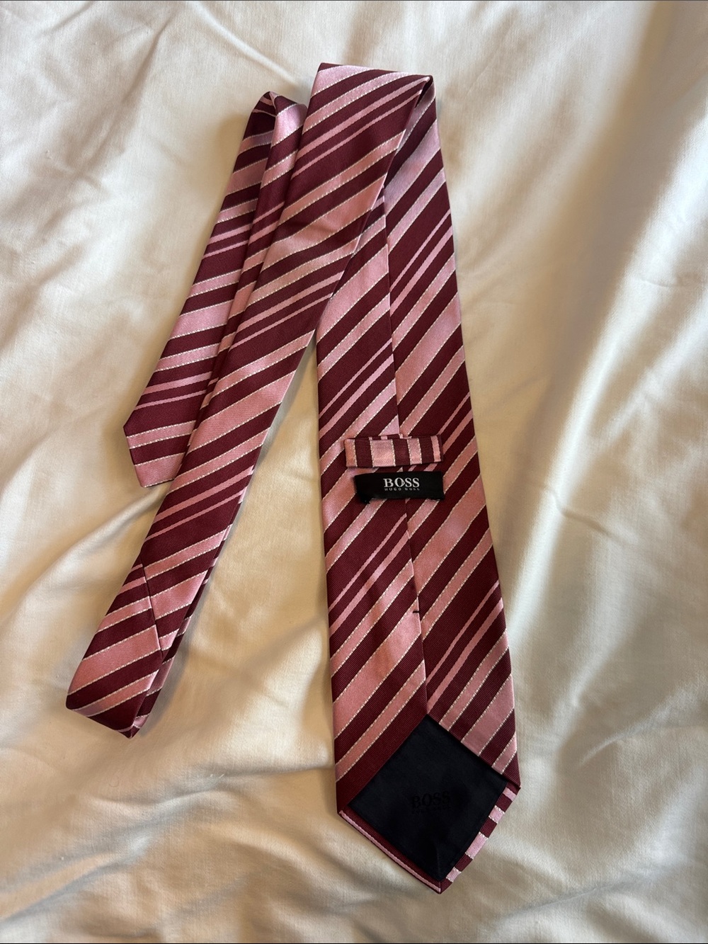 Boss Pink and Burgundy Diagonal Stripe Silk Tie